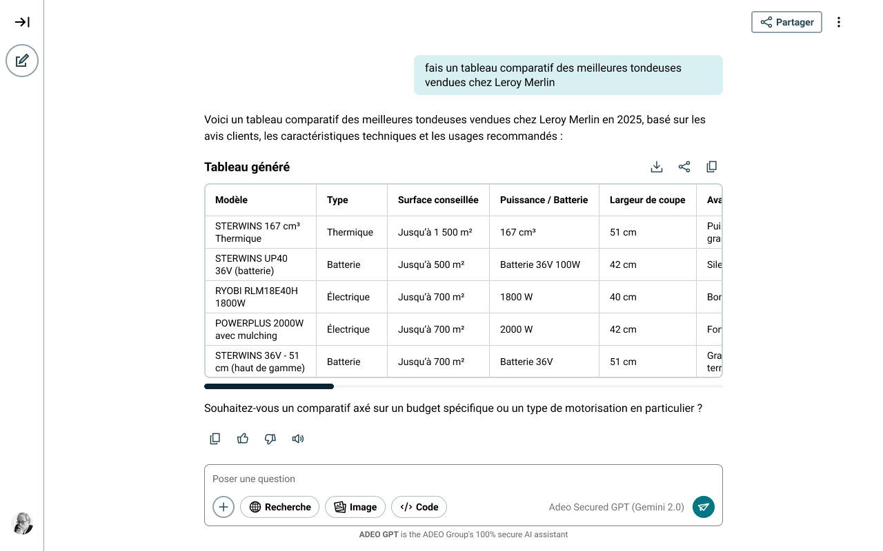 Table de réponses AdeoGPT